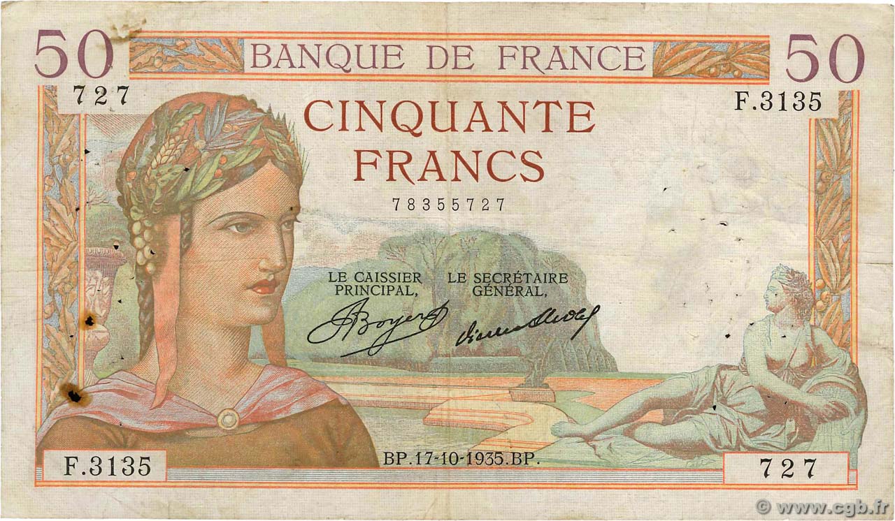 50 Francs CÉRÈS FRANCIA  1935 F.17.18 MB