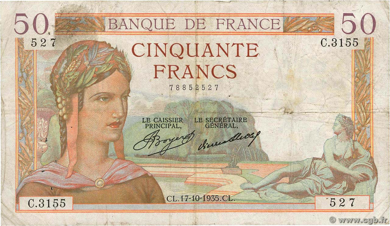 50 Francs CÉRÈS FRANCIA  1935 F.17.18 q.MB
