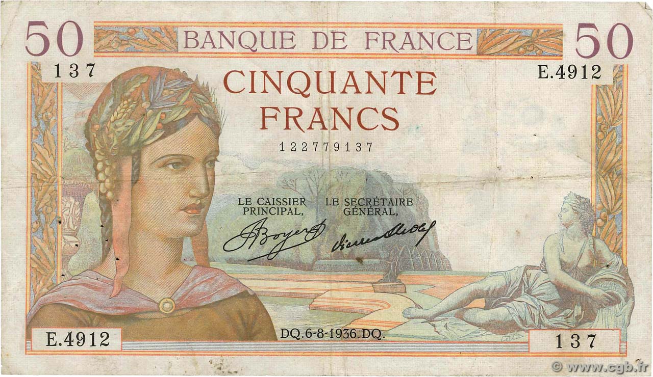 50 Francs CÉRÈS FRANCIA  1936 F.17.29 BC