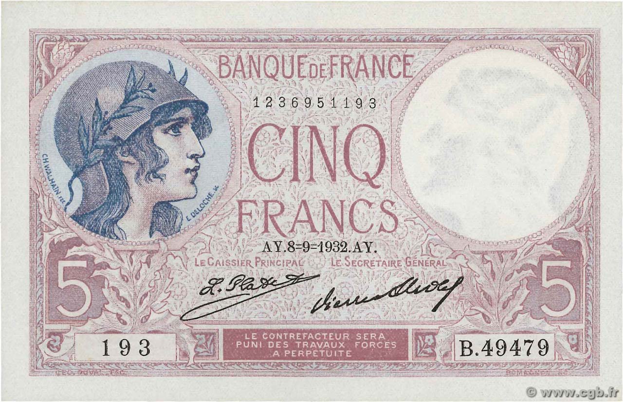 5 Francs FEMME CASQUÉE FRANKREICH  1932 F.03.16 fST+