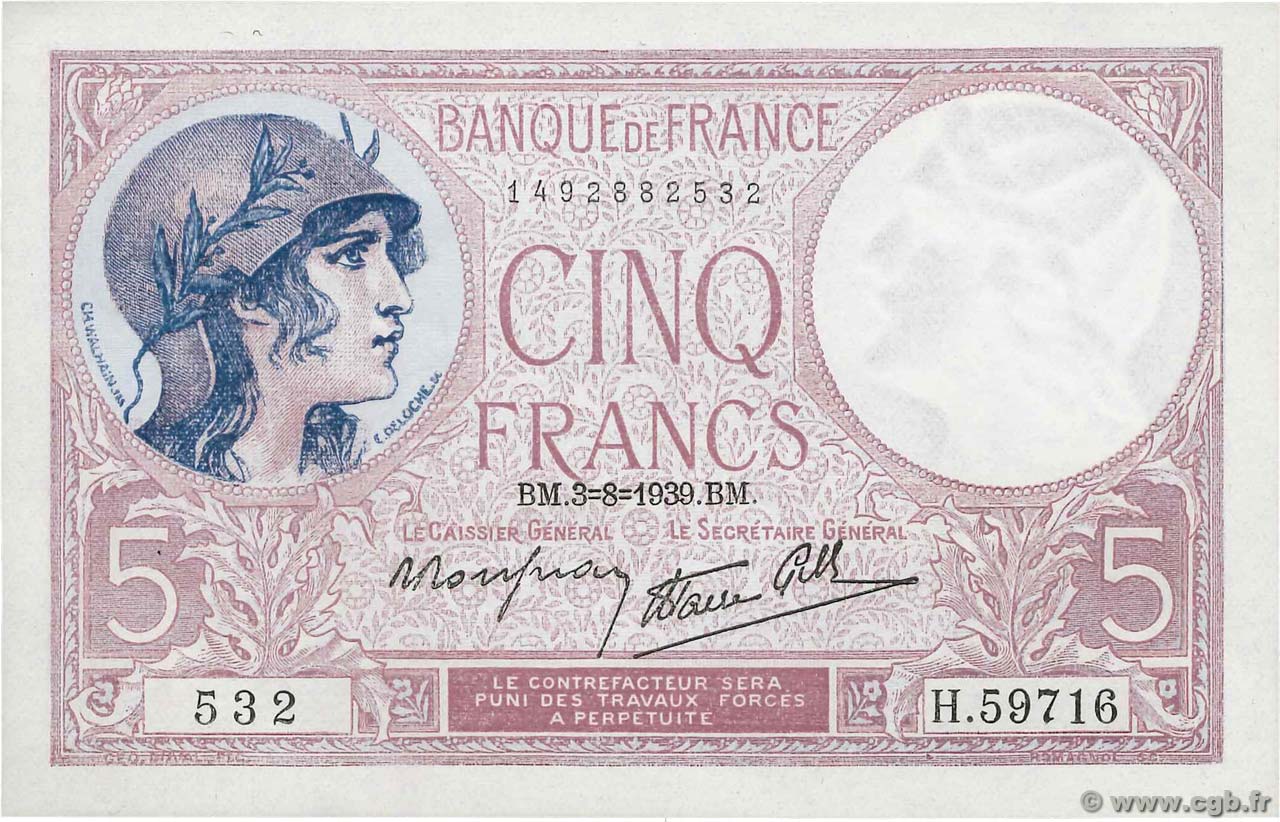 5 Francs FEMME CASQUÉE modifié FRANCIA  1939 F.04.04 AU+