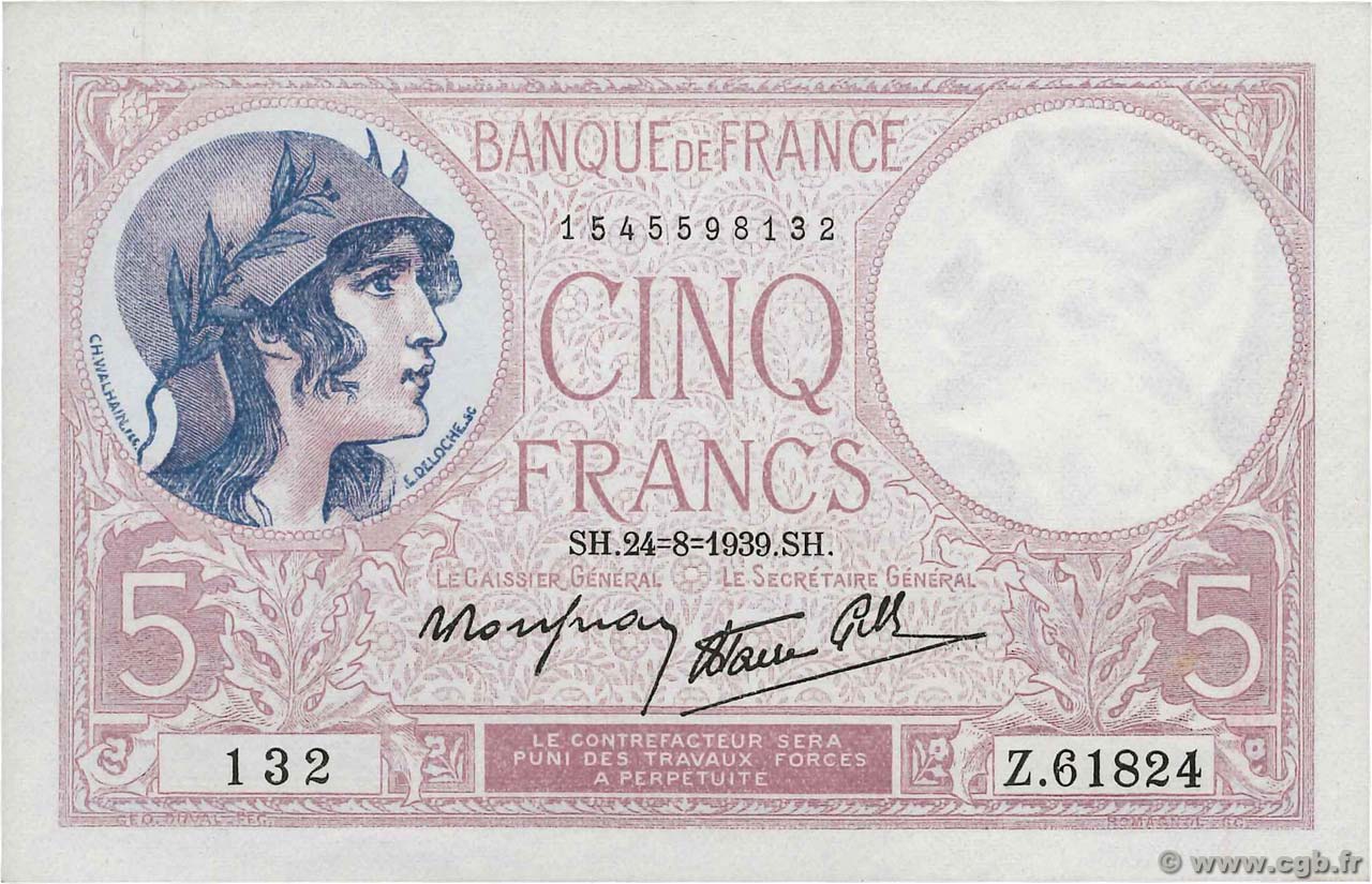 5 Francs FEMME CASQUÉE modifié FRANKREICH  1939 F.04.07 VZ+