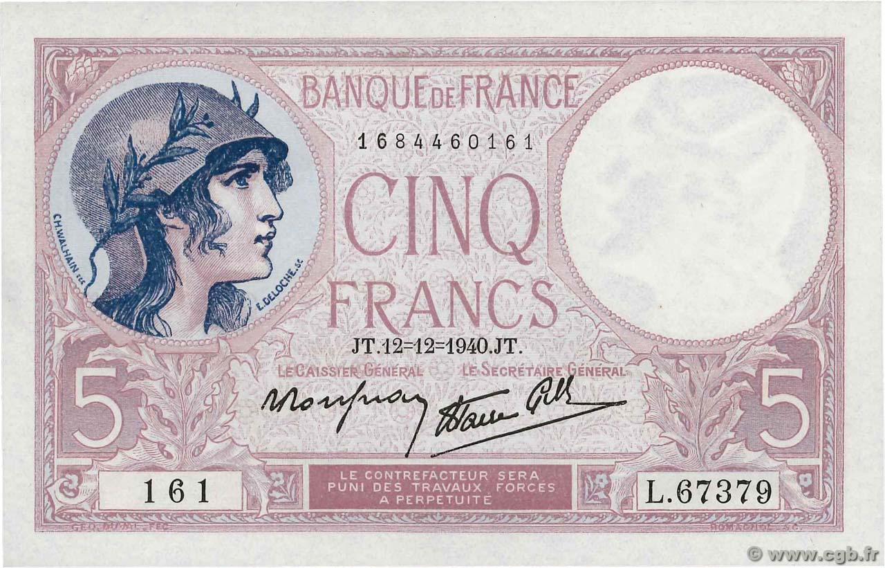 5 Francs FEMME CASQUÉE modifié FRANCE  1940 F.04.17 NEUF