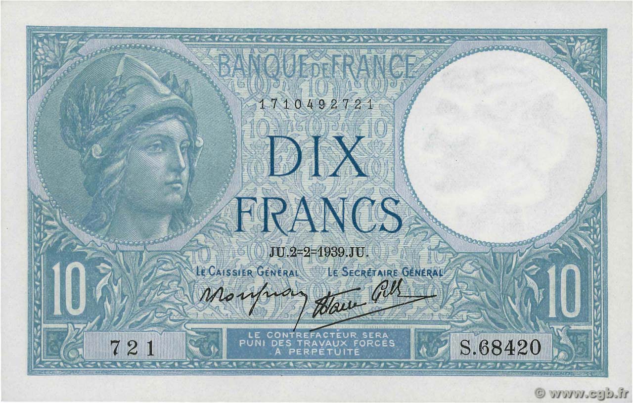 10 Francs MINERVE modifié FRANCE  1939 F.07.01 UNC-