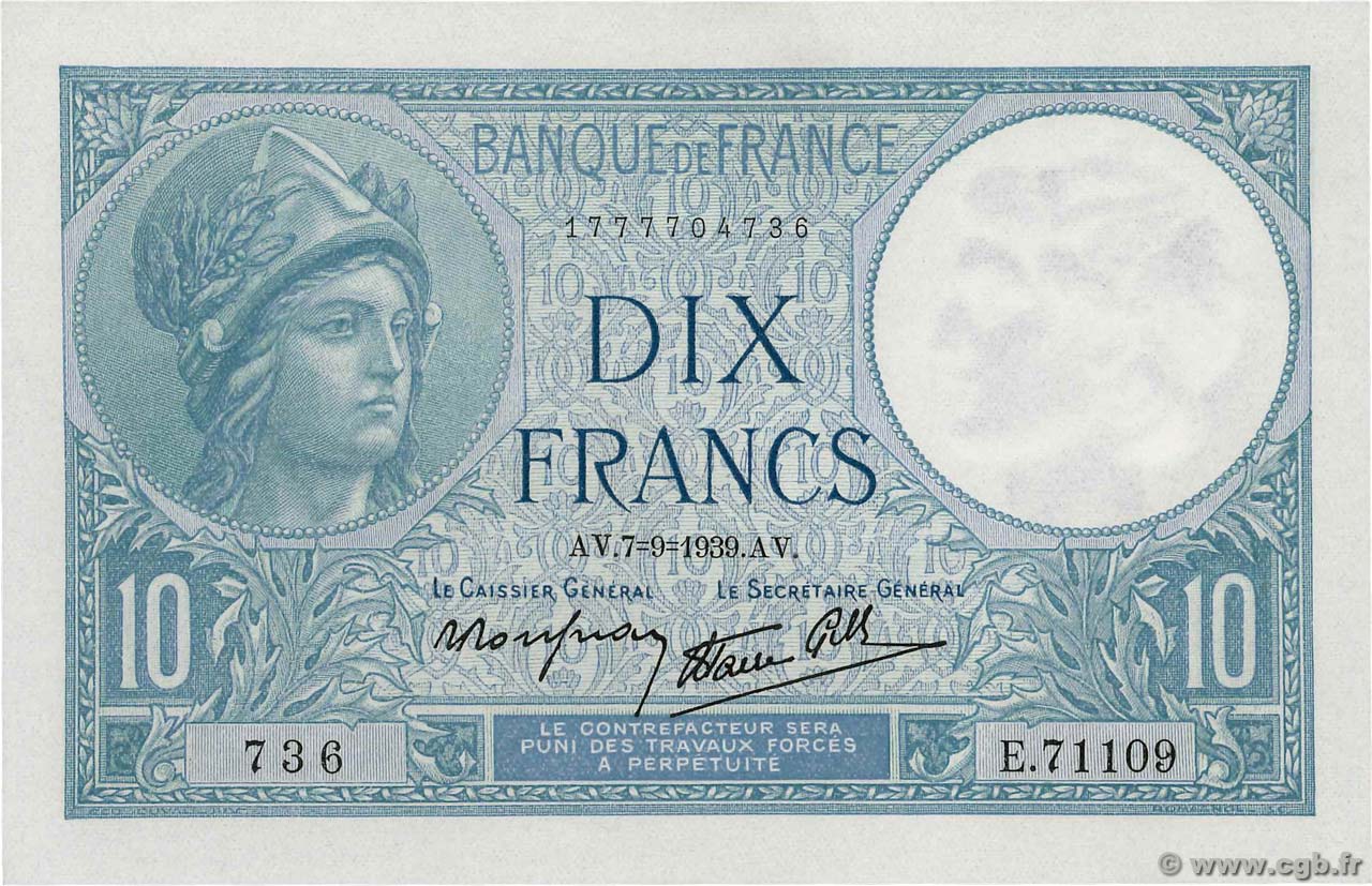 10 Francs MINERVE modifié FRANCE  1939 F.07.06 pr.NEUF
