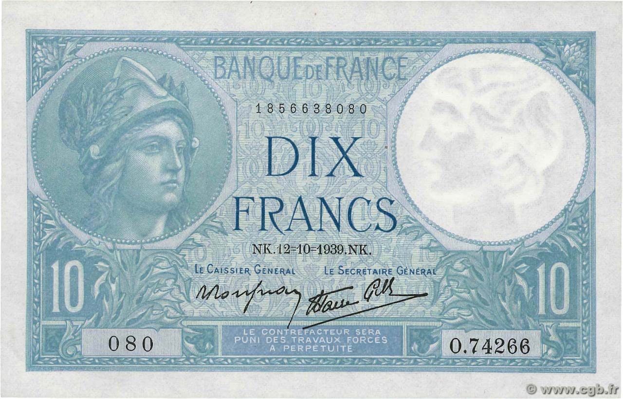 10 Francs MINERVE modifié FRANCIA  1939 F.07.11 FDC