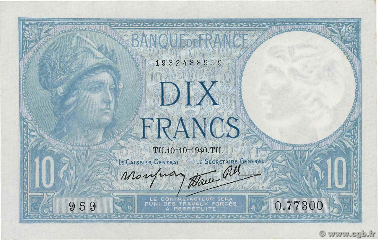 10 Francs MINERVE modifié FRANCE  1940 F.07.16 UNC-