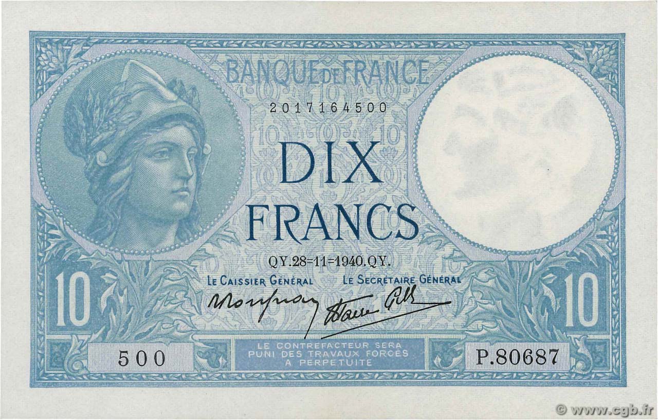 10 Francs MINERVE modifié FRANCIA  1940 F.07.22 AU