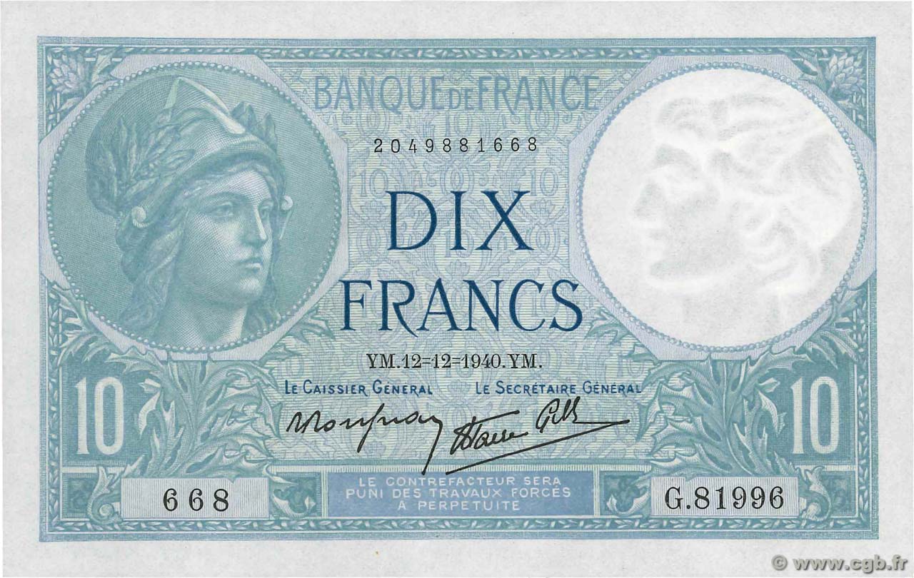 10 Francs MINERVE modifié FRANCIA  1940 F.07.24 EBC+
