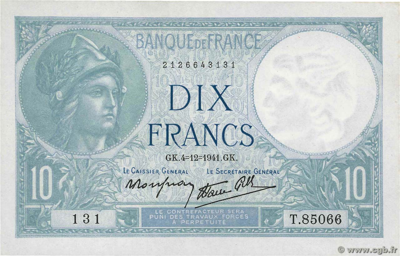 10 Francs MINERVE modifié FRANCE  1941 F.07.30 pr.NEUF