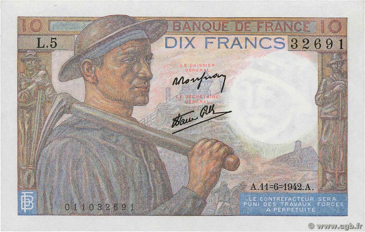 10 Francs MINEUR FRANCE  1942 F.08.03 SPL+