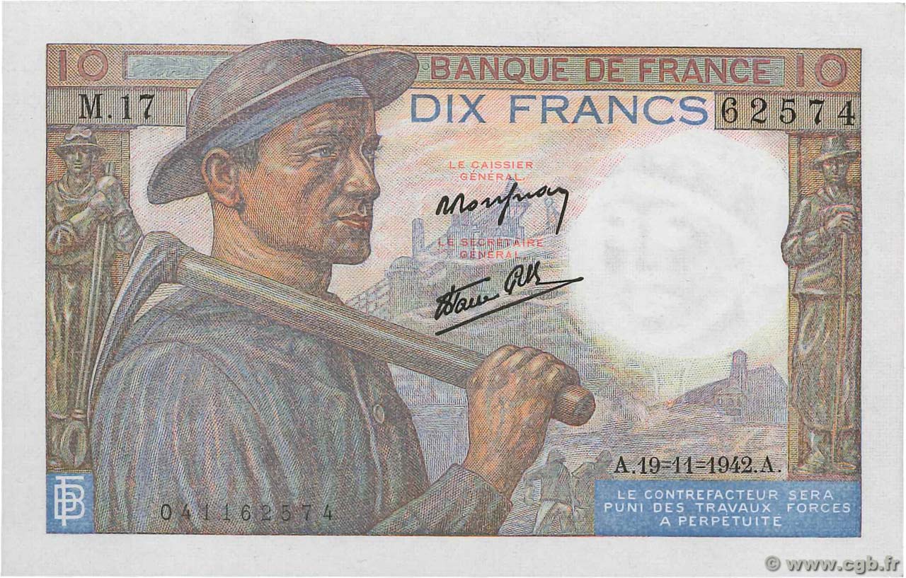 10 Francs MINEUR FRANCE  1942 F.08.05 AU-