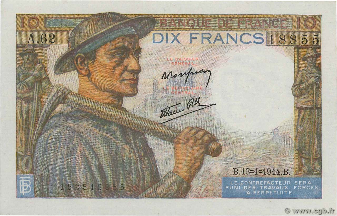 10 Francs MINEUR FRANCIA  1944 F.08.10 q.FDC