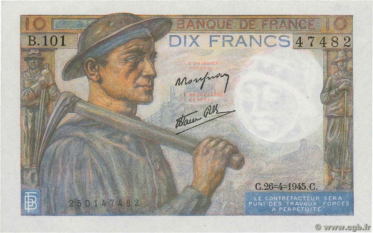 10 Francs MINEUR FRANCIA  1945 F.08.14 FDC