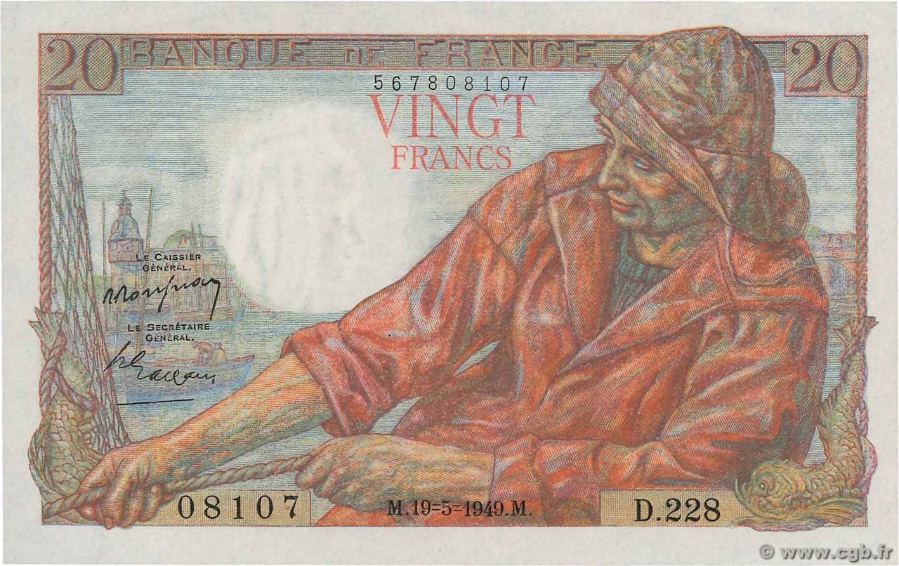 20 Francs PÊCHEUR FRANCE  1949 F.13.15 UNC-