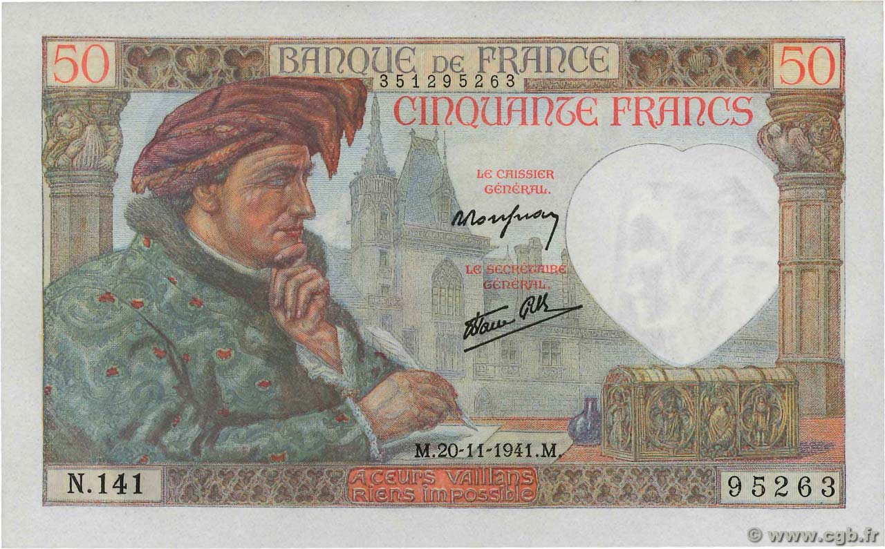 50 Francs JACQUES CŒUR FRANCE  1941 F.19.16 UNC
