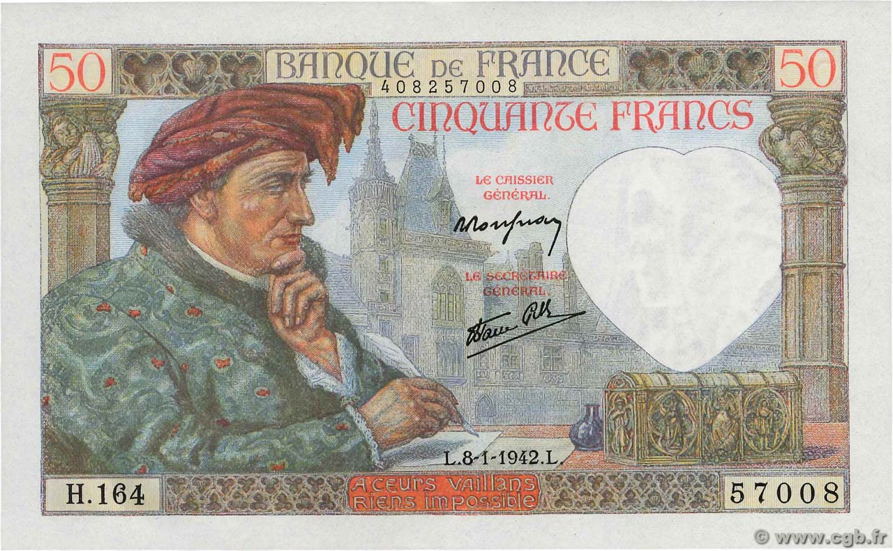 50 Francs JACQUES CŒUR FRANCIA  1942 F.19.18 q.FDC