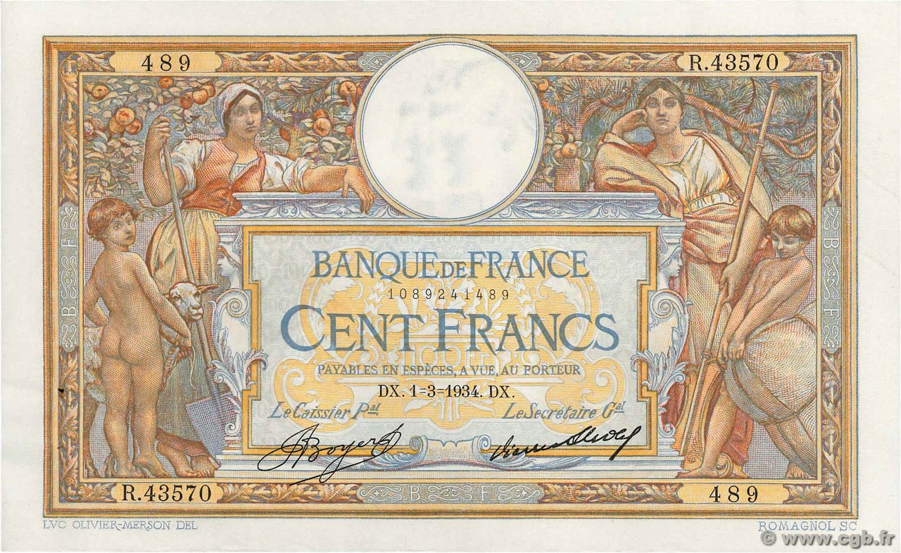 100 Francs LUC OLIVIER MERSON grands cartouches FRANCIA  1934 F.24.13 EBC+