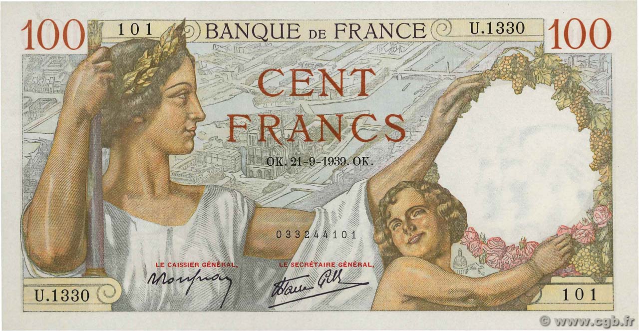 100 Francs SULLY FRANCE  1939 F.26.07 XF+