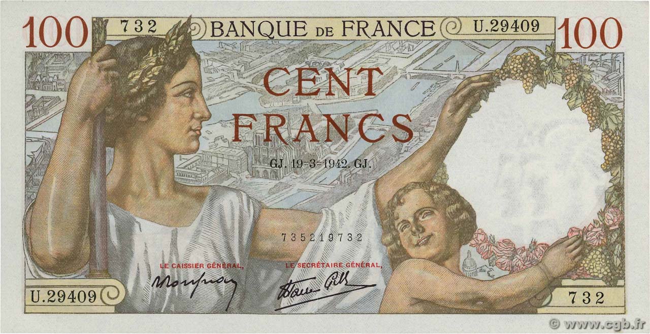 100 Francs SULLY FRANKREICH  1942 F.26.68 fST+