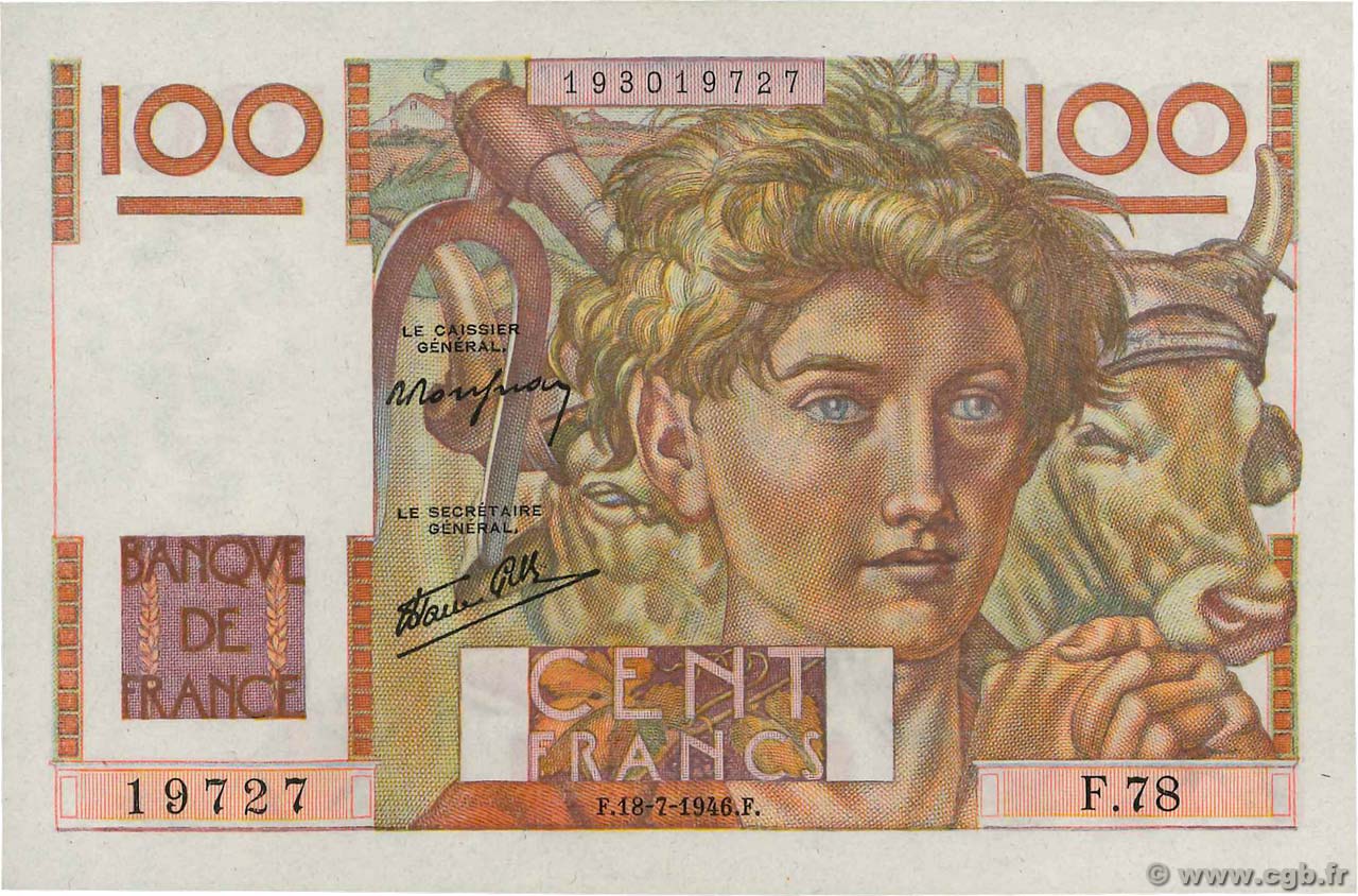 100 Francs JEUNE PAYSAN FRANCIA  1946 F.28.07 FDC