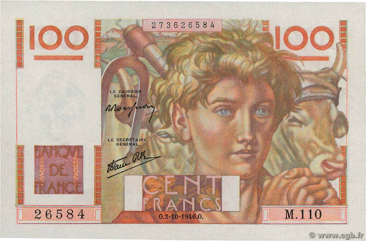 100 Francs JEUNE PAYSAN FRANCIA  1946 F.28.09 SC+