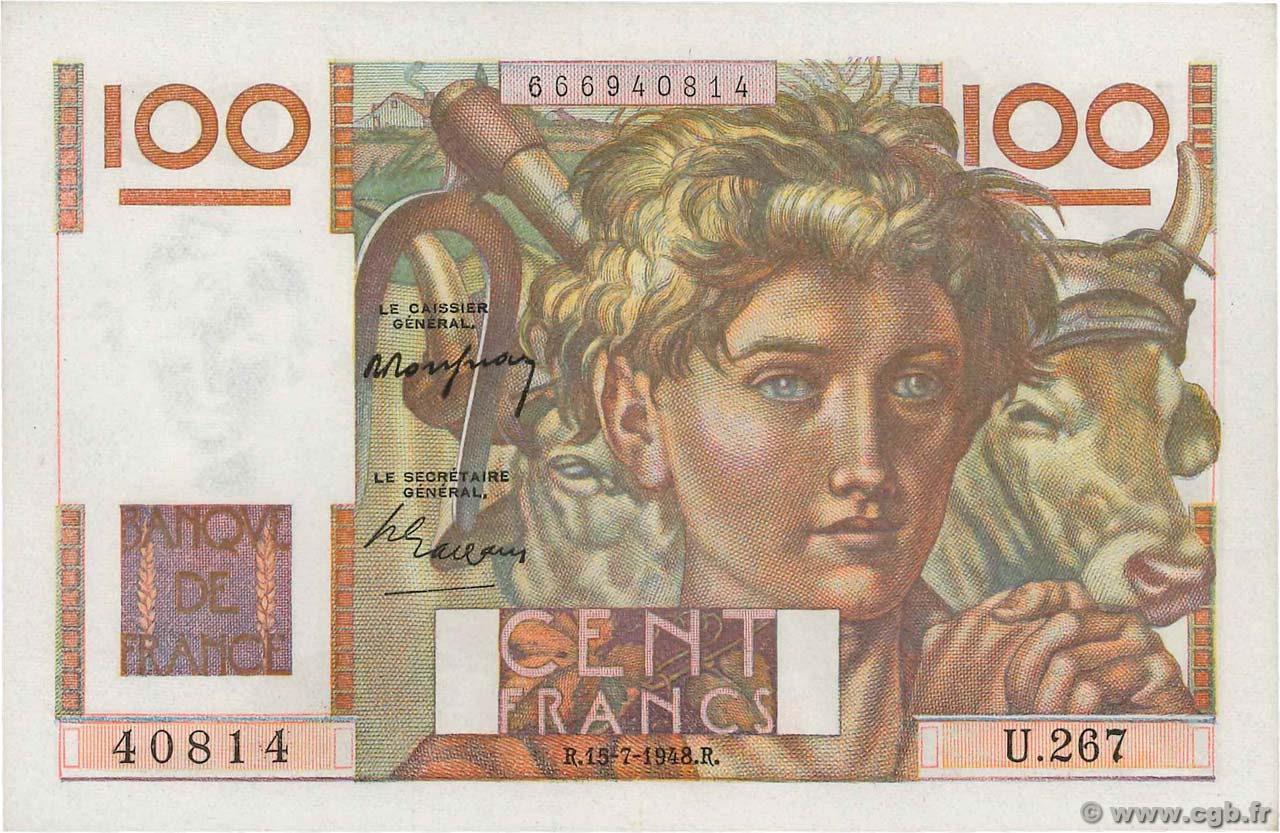 100 Francs JEUNE PAYSAN FRANCE  1948 F.28.19 SPL+