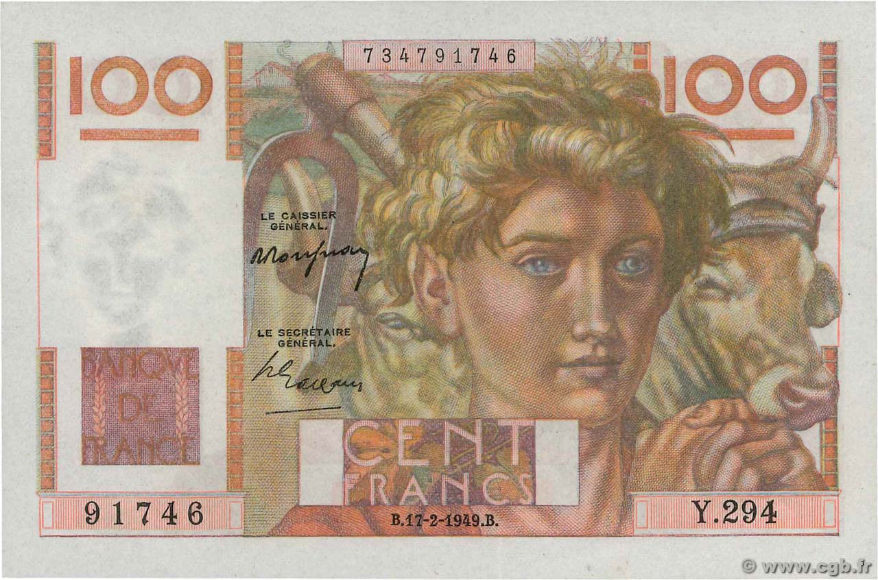100 Francs JEUNE PAYSAN FRANCE  1949 F.28.22 AU