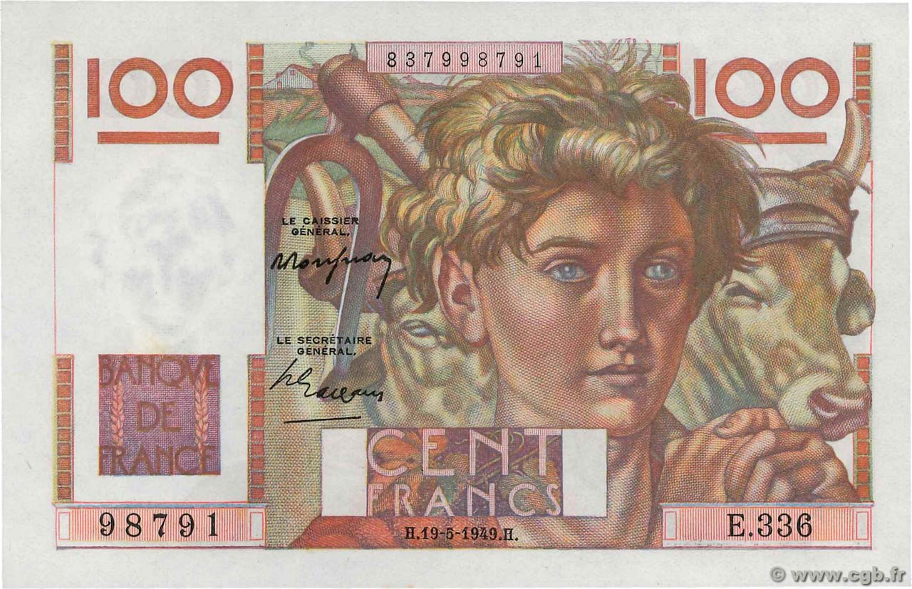 100 Francs JEUNE PAYSAN FRANCE  1949 F.28.24 UNC-