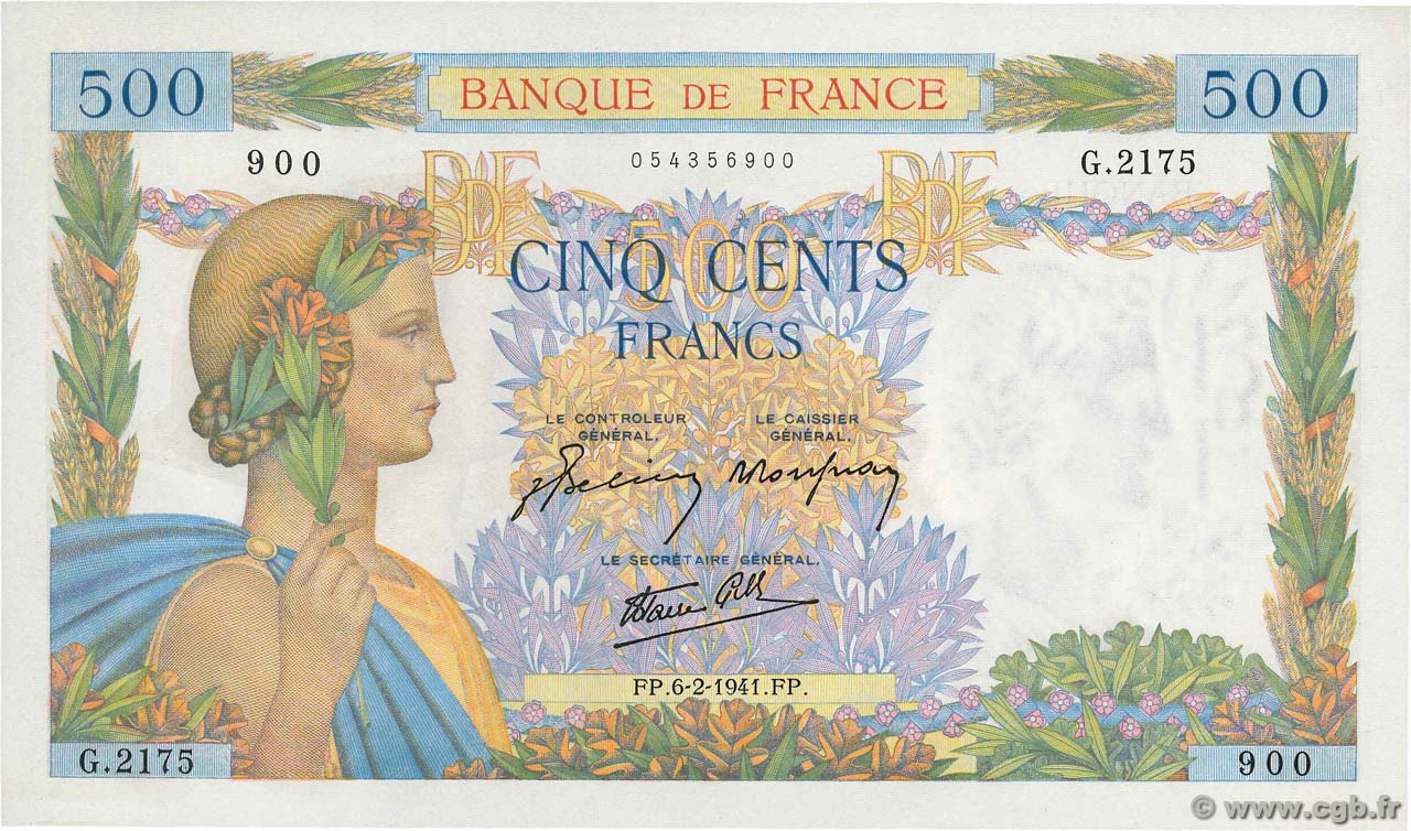500 Francs LA PAIX FRANCE  1941 F.32.14 UNC-