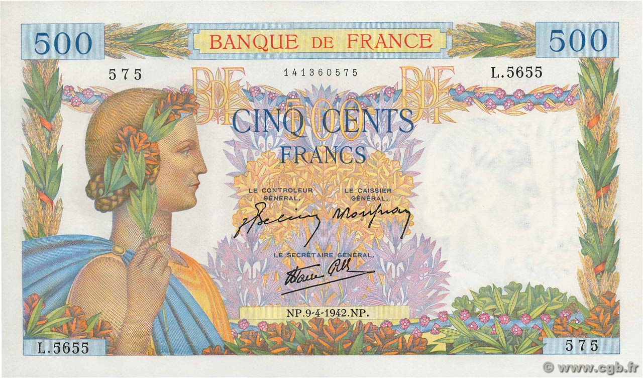 500 Francs LA PAIX FRANKREICH  1942 F.32.34 fST+