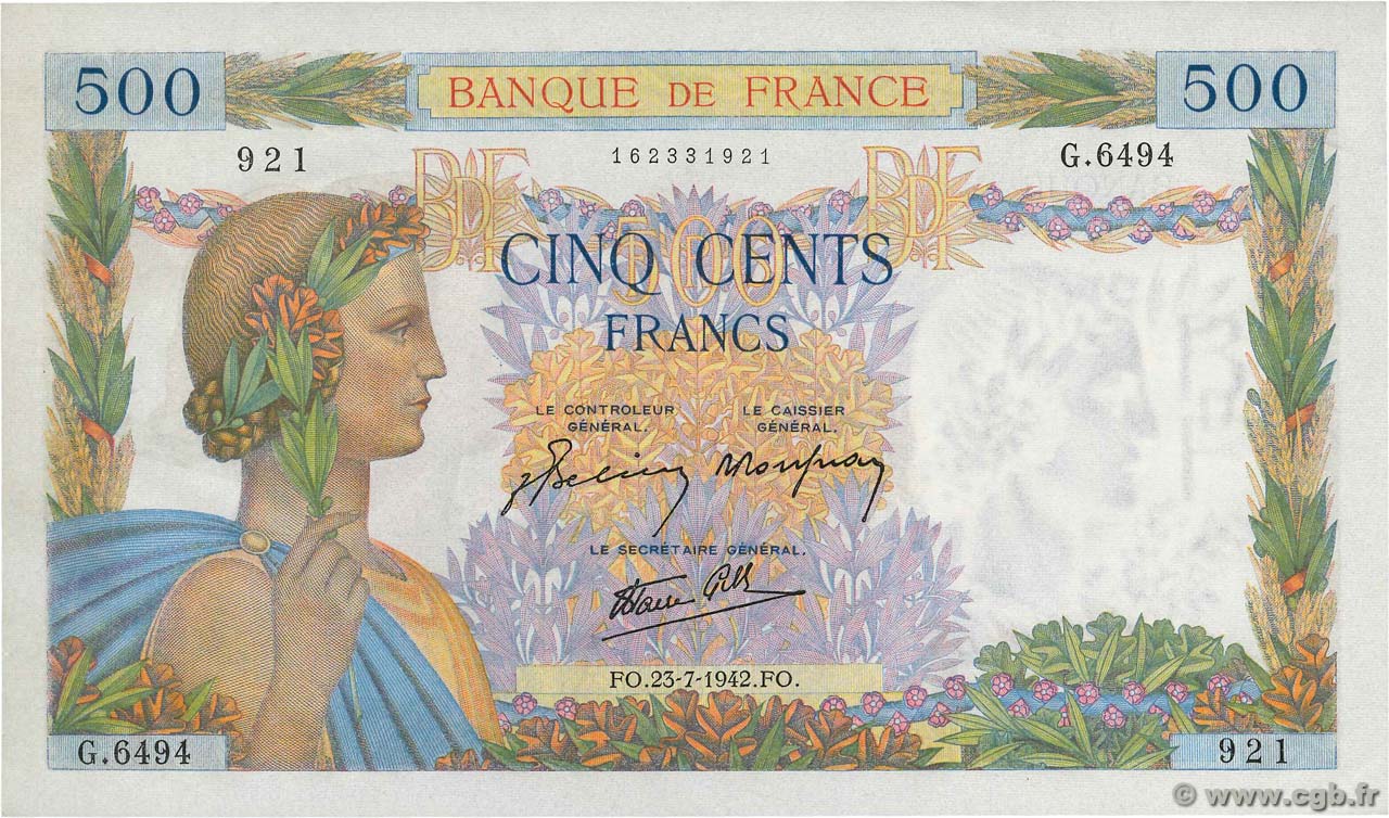 500 Francs LA PAIX FRANCE  1942 F.32.38 AU+