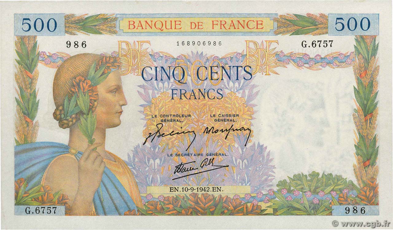 500 Francs LA PAIX FRANCIA  1942 F.32.40 EBC+