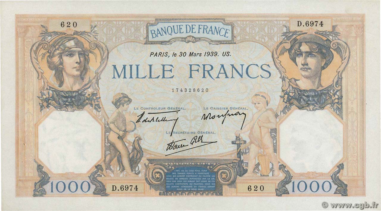 1000 Francs CÉRÈS ET MERCURE type modifié FRANCE  1939 F.38.35 AU-