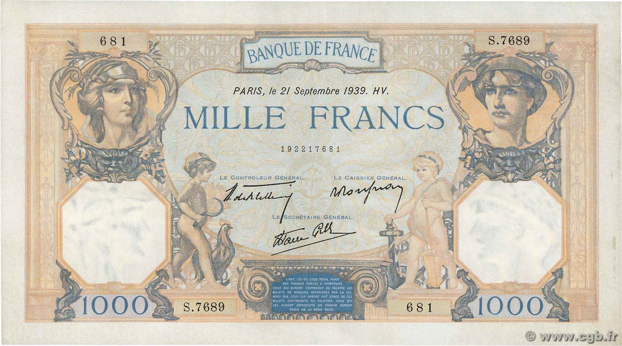 1000 Francs CÉRÈS ET MERCURE type modifié FRANCIA  1939 F.38.37 q.AU