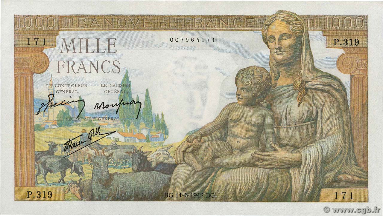 1000 Francs DÉESSE DÉMÉTER FRANCE  1942 F.40.02 UNC-