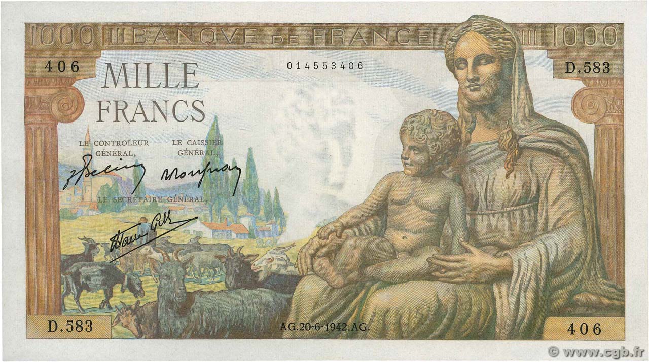 1000 Francs DÉESSE DÉMÉTER FRANCE  1942 F.40.03 XF+