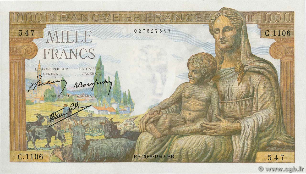 1000 Francs DÉESSE DÉMÉTER FRANKREICH  1942 F.40.05 fST+