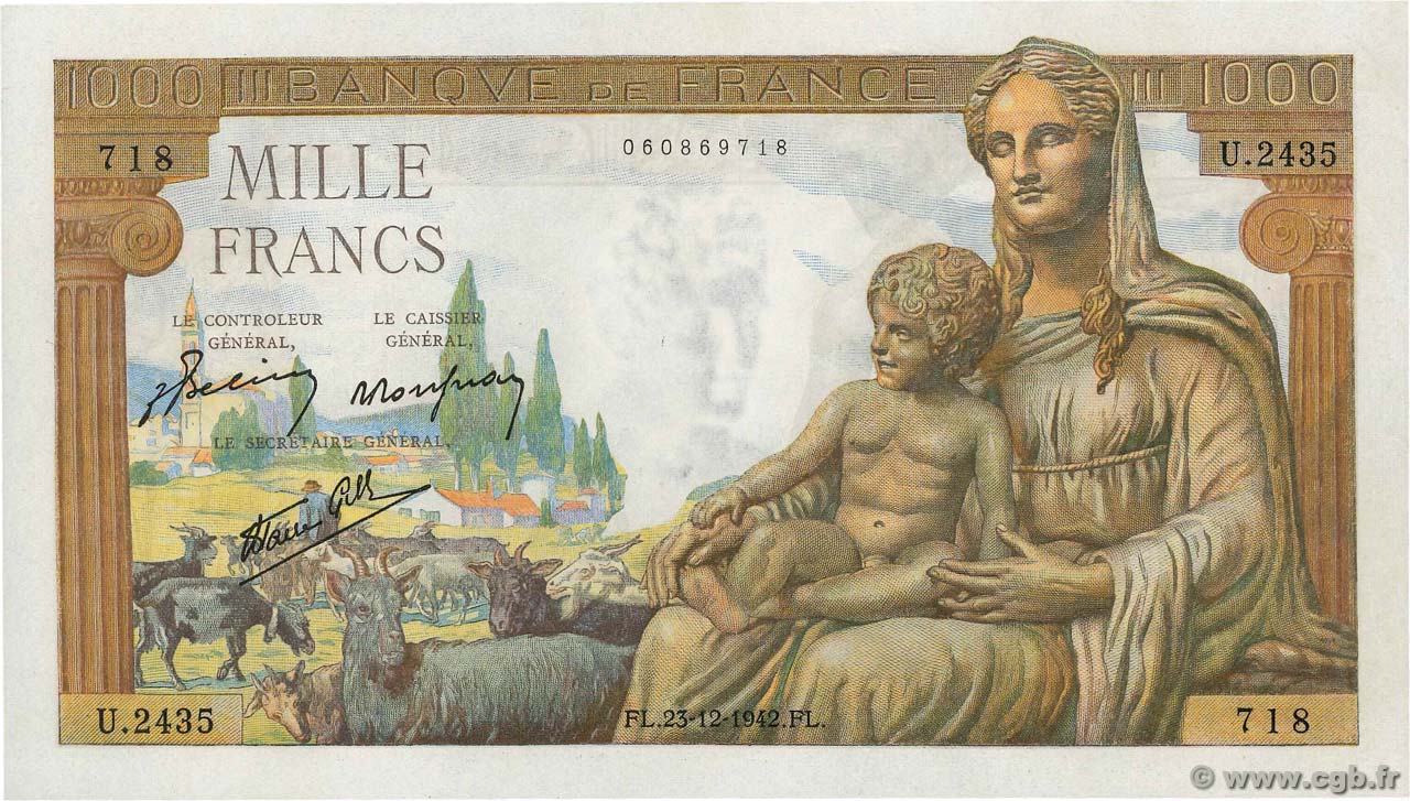 1000 Francs DÉESSE DÉMÉTER FRANCIA  1942 F.40.14 SC+