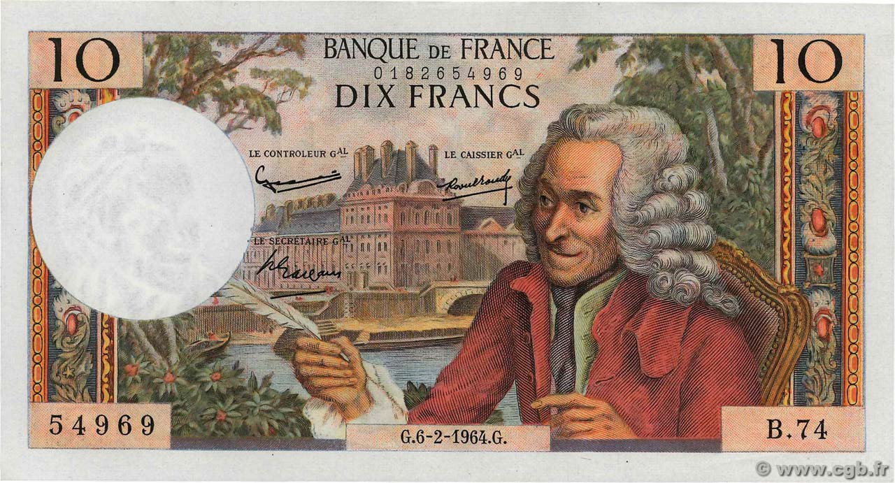 10 Francs VOLTAIRE FRANCE  1964 F.62.08 AU