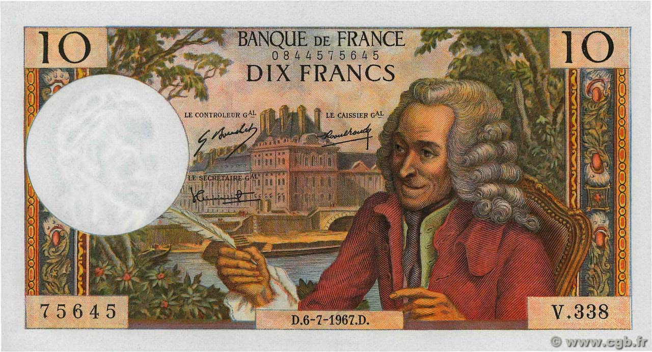 10 Francs VOLTAIRE FRANCIA  1967 F.62.27 FDC