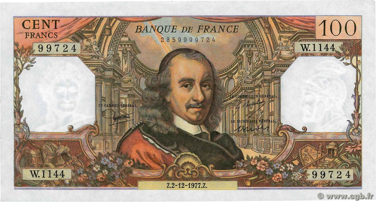 100 Francs CORNEILLE FRANCE  1977 F.65.60 UNC-