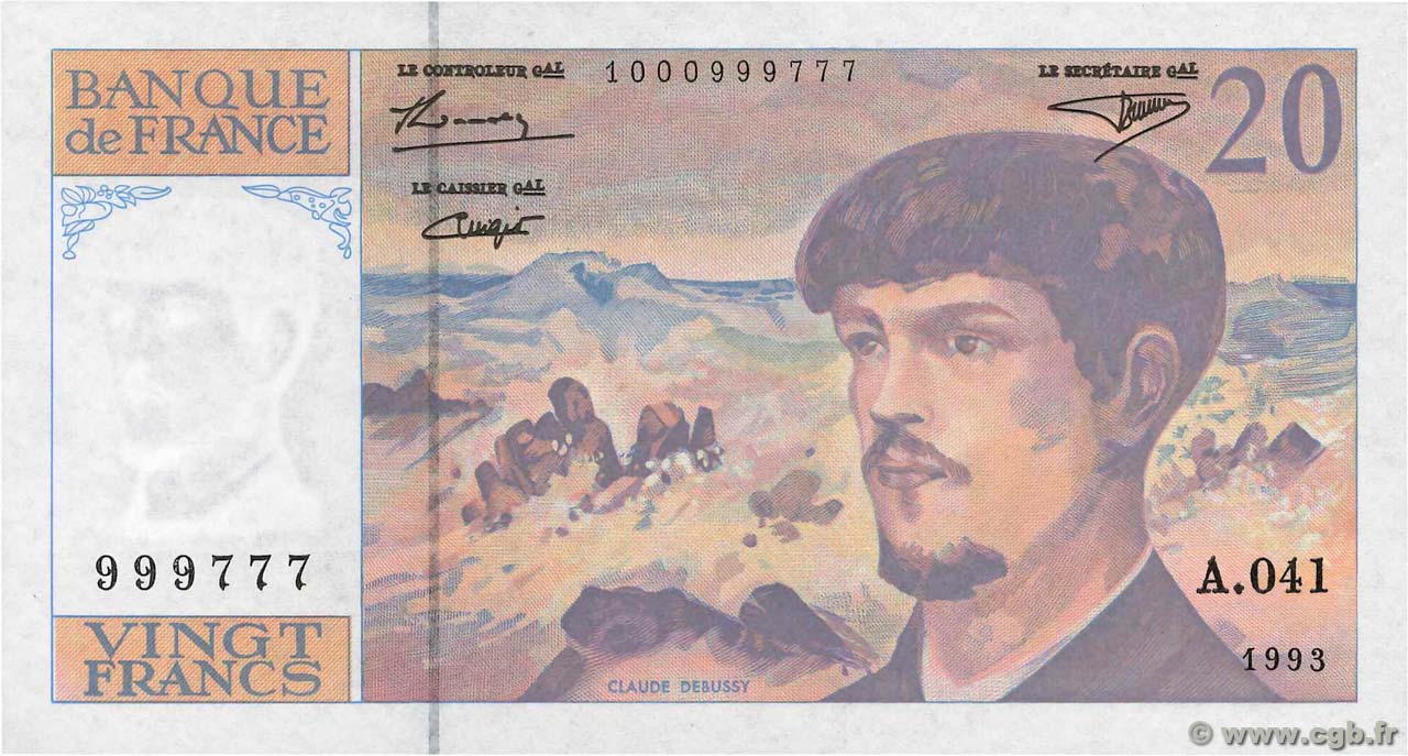 20 Francs DEBUSSY à fil de sécurité FRANCE  1993 F.66bis.05A41 UNC
