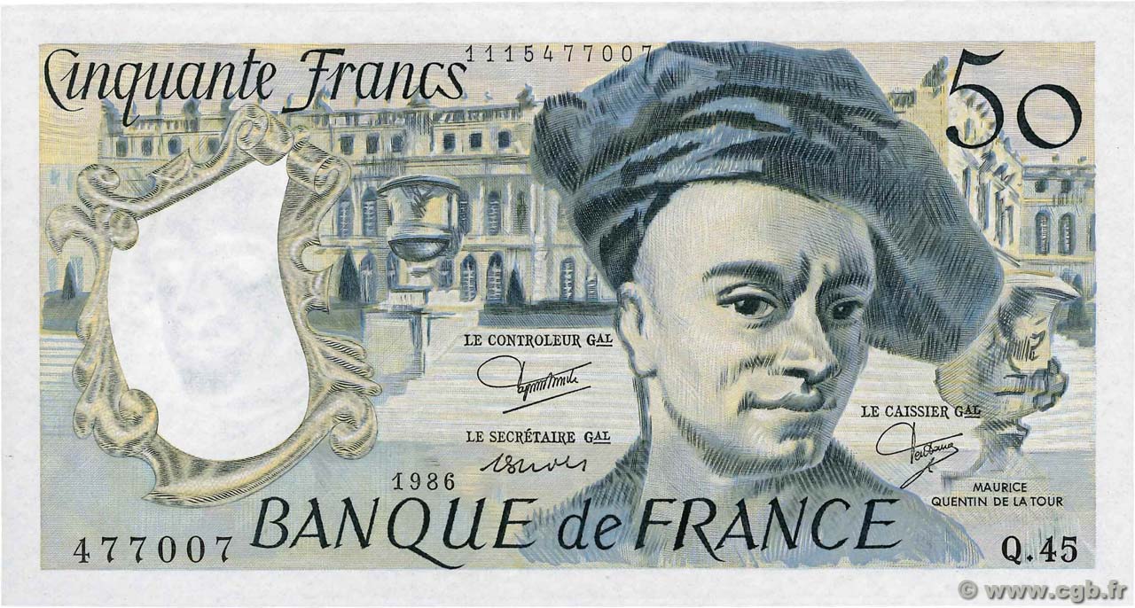 50 Francs QUENTIN DE LA TOUR FRANCIA  1986 F.67.12 q.FDC