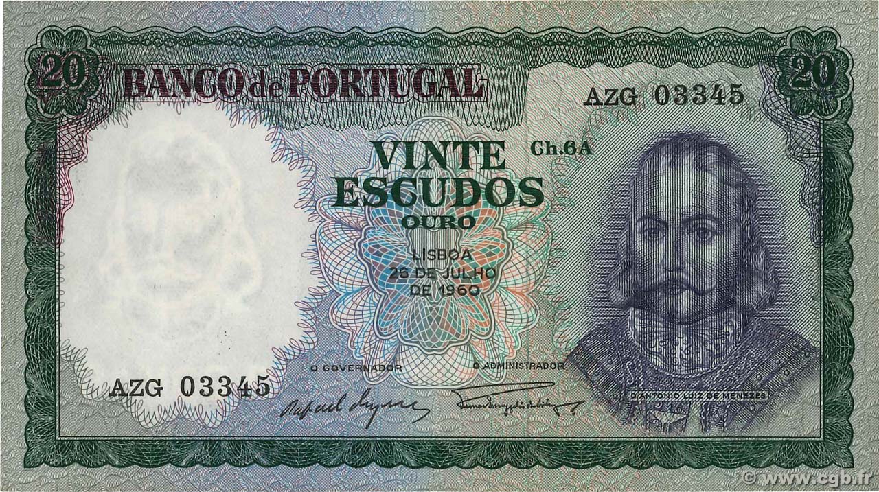 20 Escudos PORTUGAL  1960 P.163a EBC+