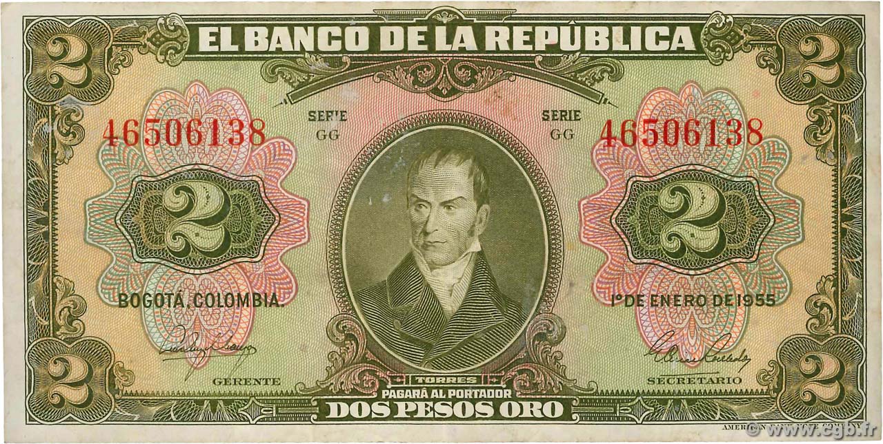 2 Pesos Oro COLOMBIE  1955 P.390d TTB
