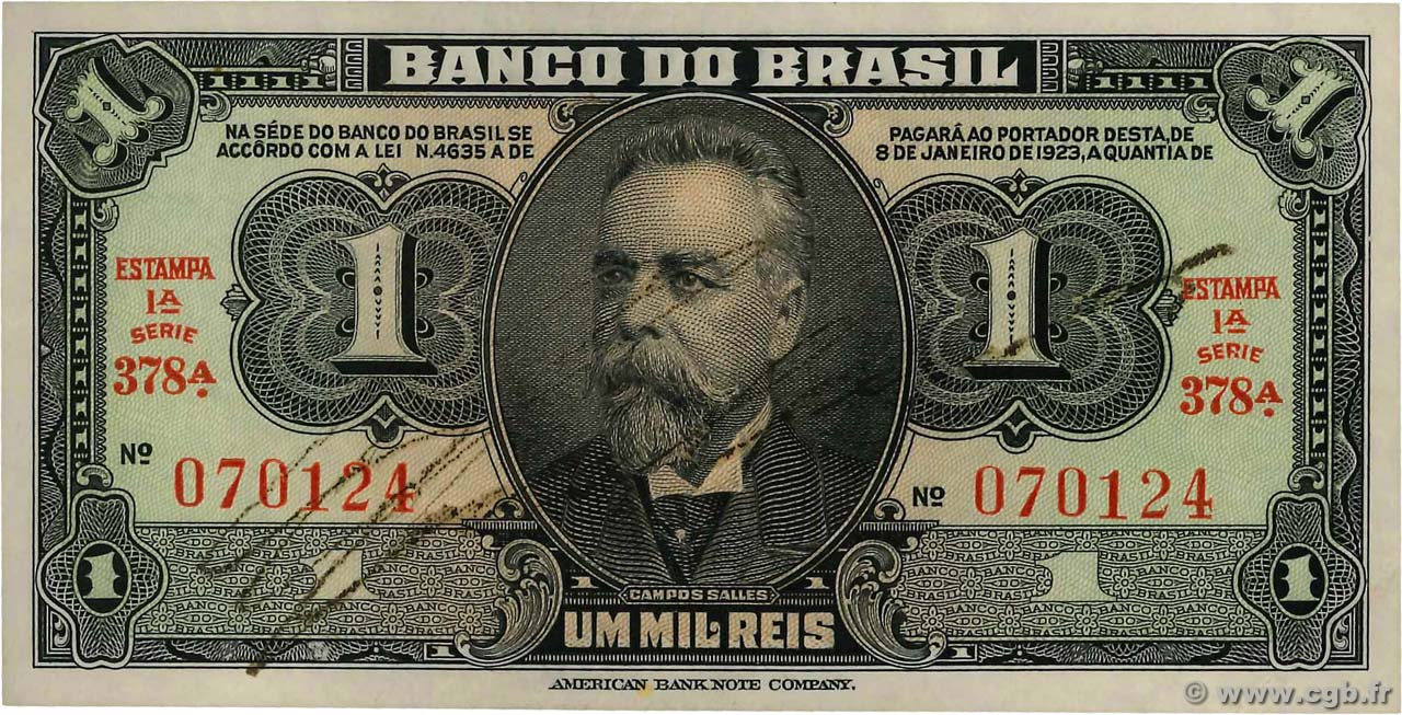 1 Mil Reis BRAZIL  1944 P.131A AU+