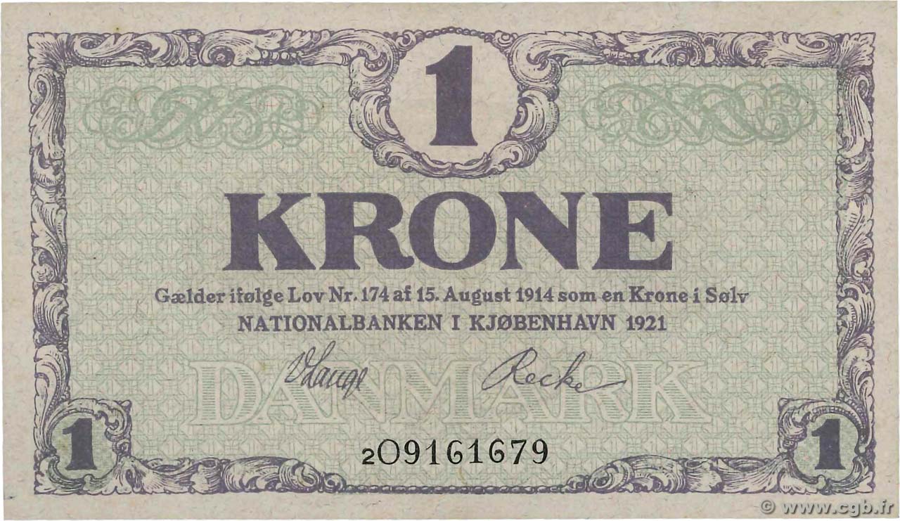 1 Krone DINAMARCA  1921 P.012h SC+