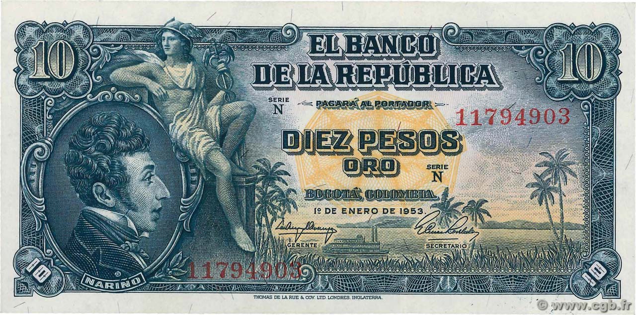 10 Pesos Oro KOLUMBIEN  1953 P.400a VZ+