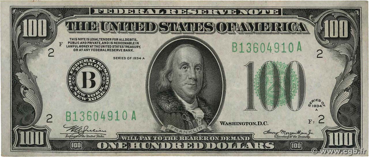 100 Dollars STATI UNITI D AMERICA  1934 P.433Da q.SPL